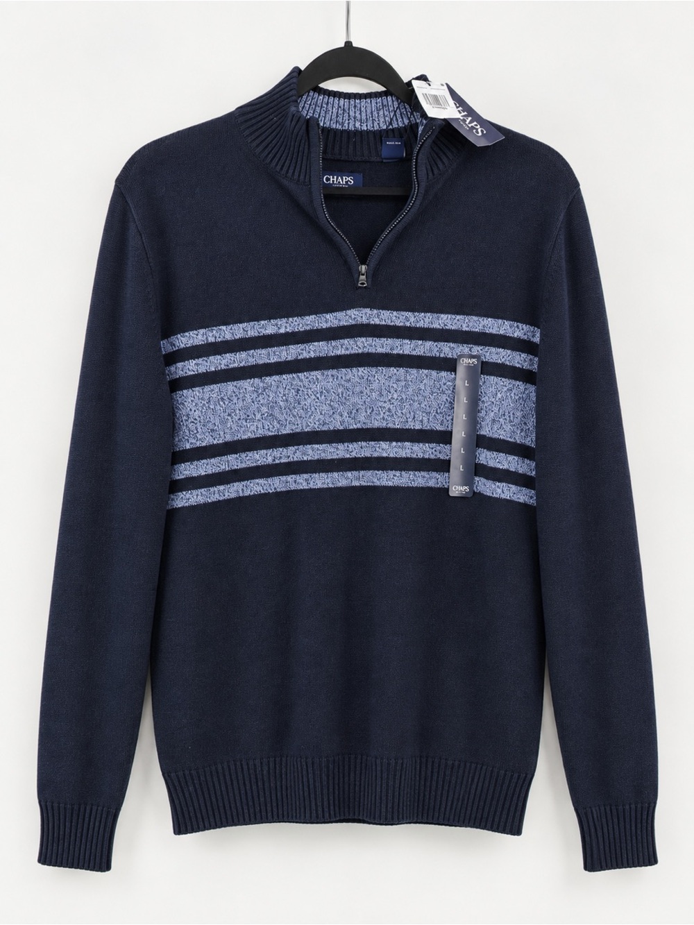 Chaps Men's Navy Zip Sweater with Light Blue Stripe Panel